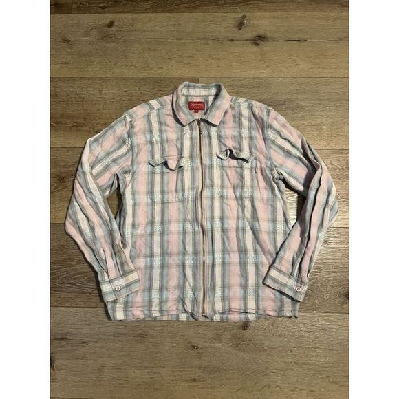 Supreme Shirt Mens Medium Pink Full Zip Up Flannel FW17 Skate Skater Streetwear - Picture 1 of 3